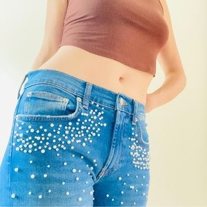 Zara pearl embellished skinny low rise jeans medium wash 4 jeweled y2k